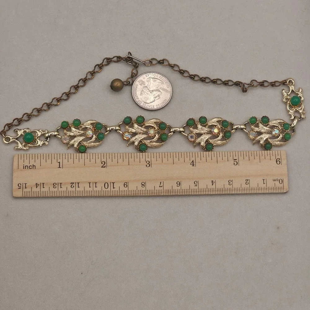 Vintage Necklace Gold Tone Green with Aurora Borealis Rhinestones